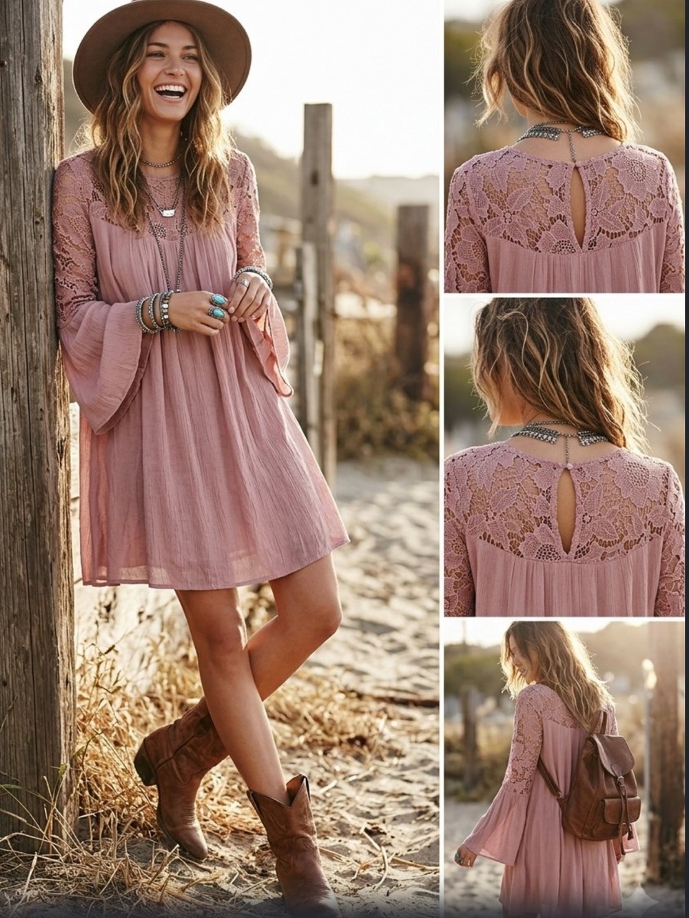 J. Glee Boho Lace-Detail dramatic flare bell Sleeves whimsical dress Cottage